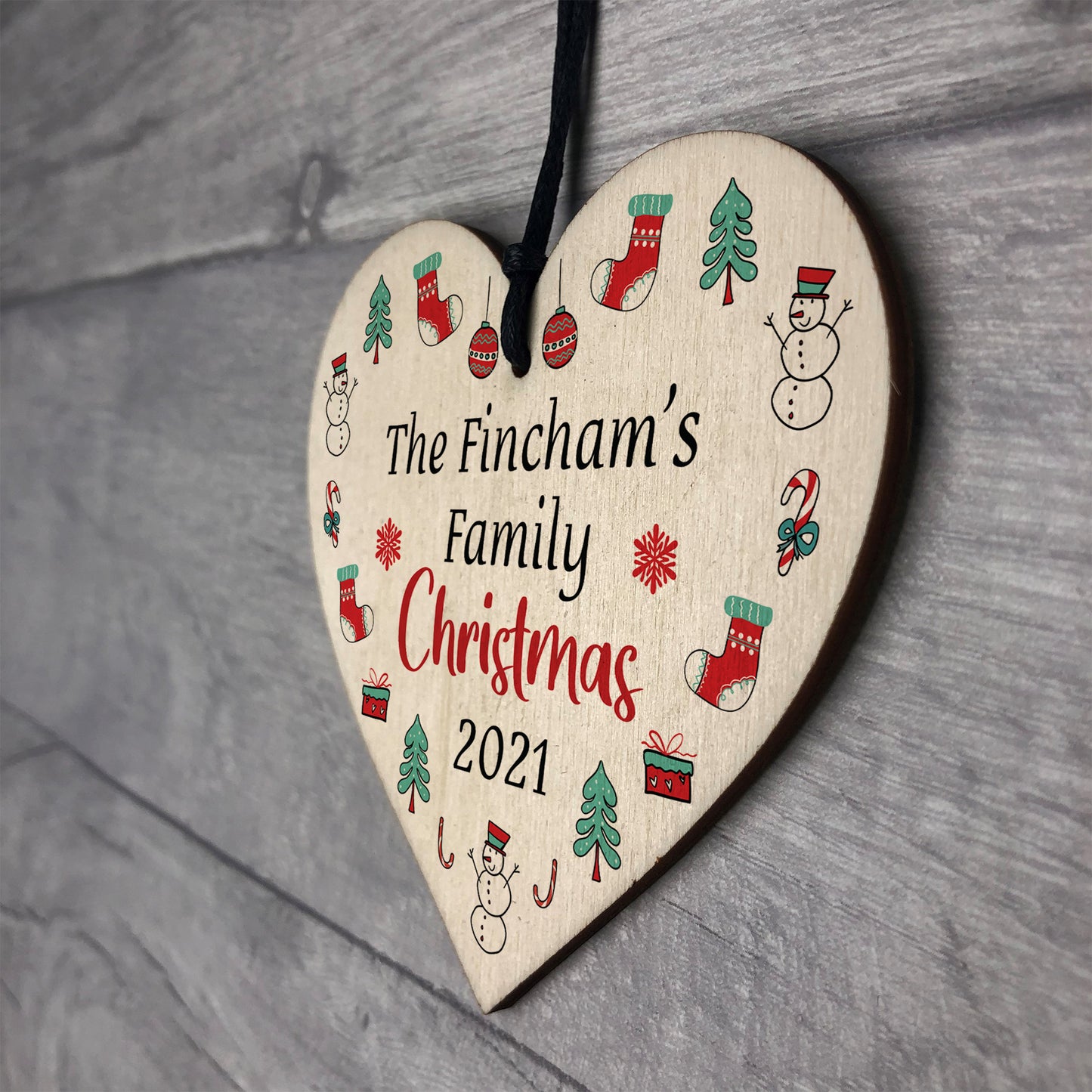 Personalised Family Christmas Tree Decoration SURNAME Wood Heart