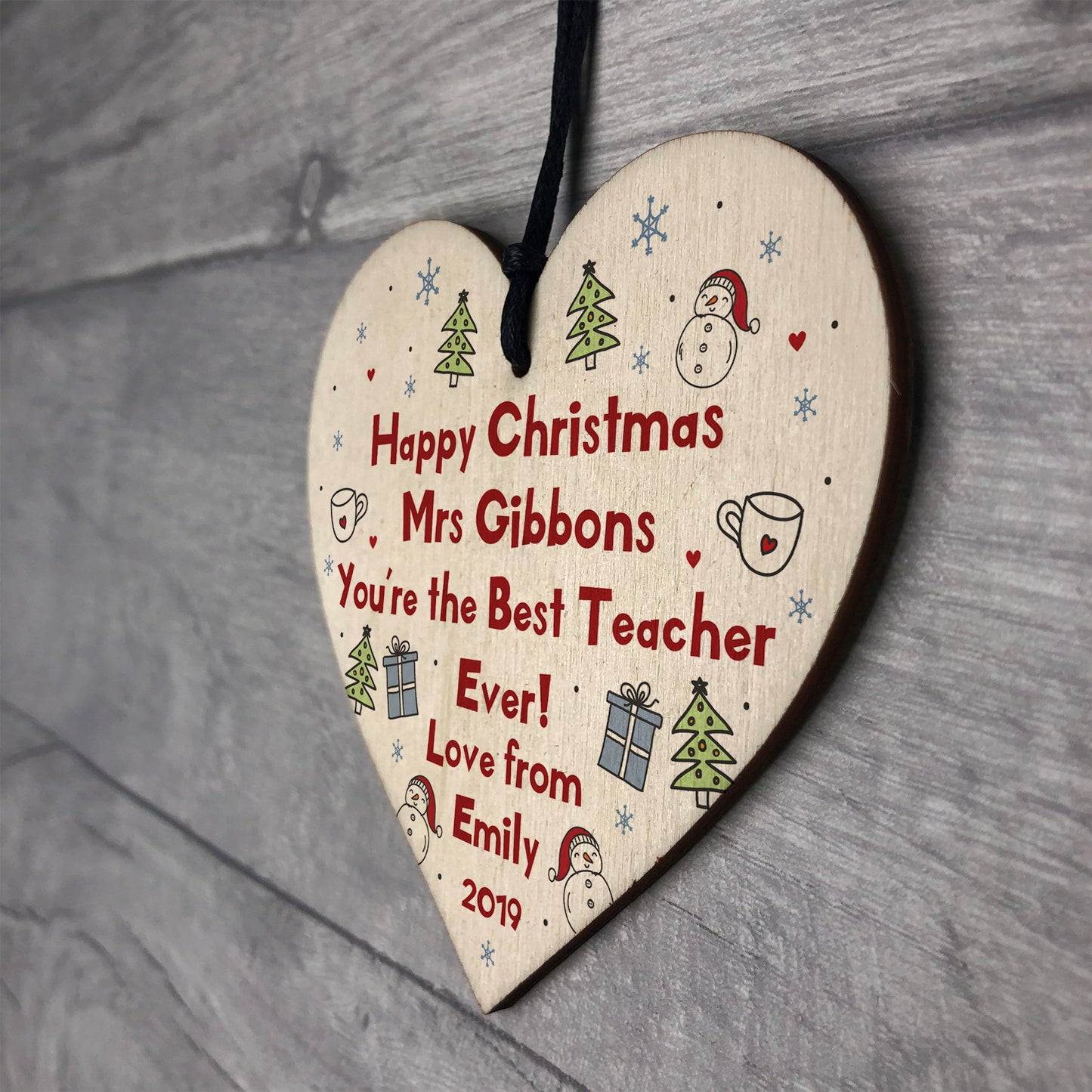 Handmade Christmas Heart Personalised Best Teacher Thankyou Gift