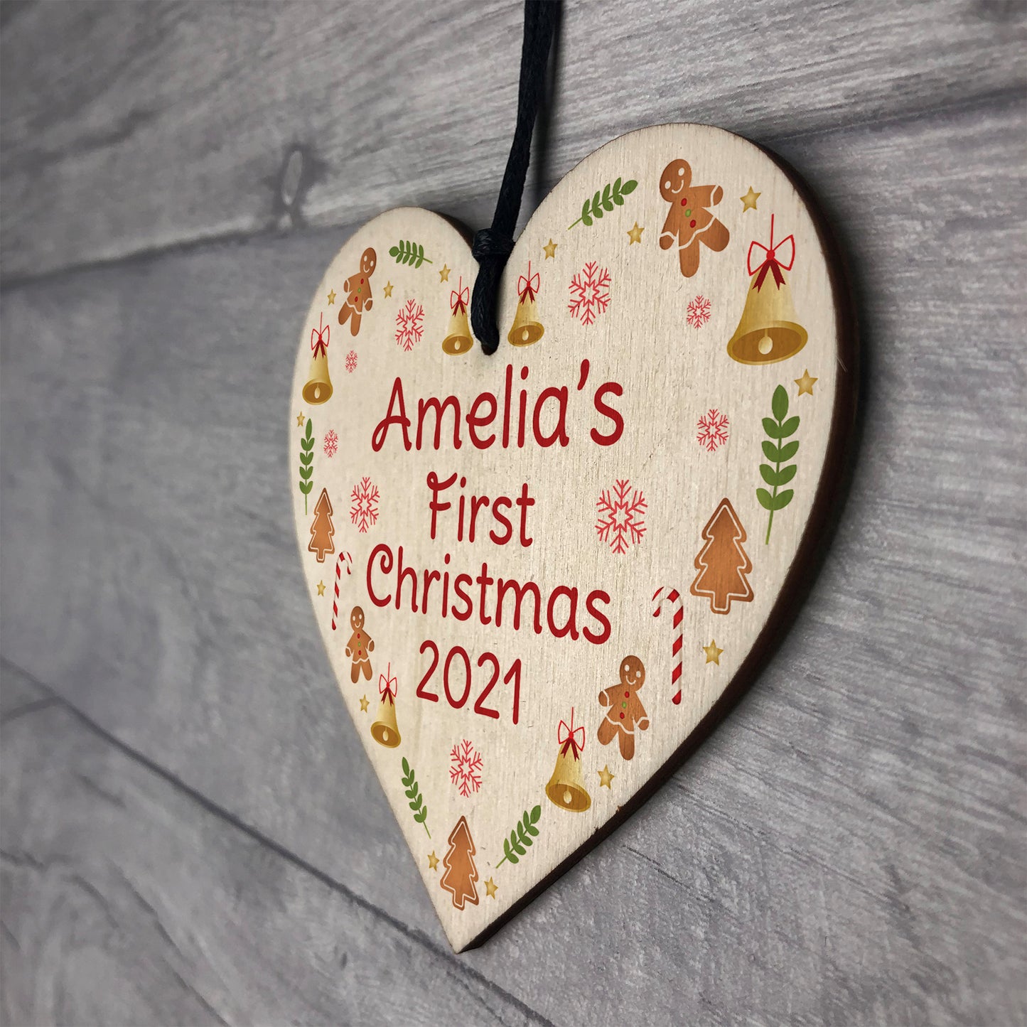 Personalised 1st Christmas Bauble New Baby Wood Heart Decoration