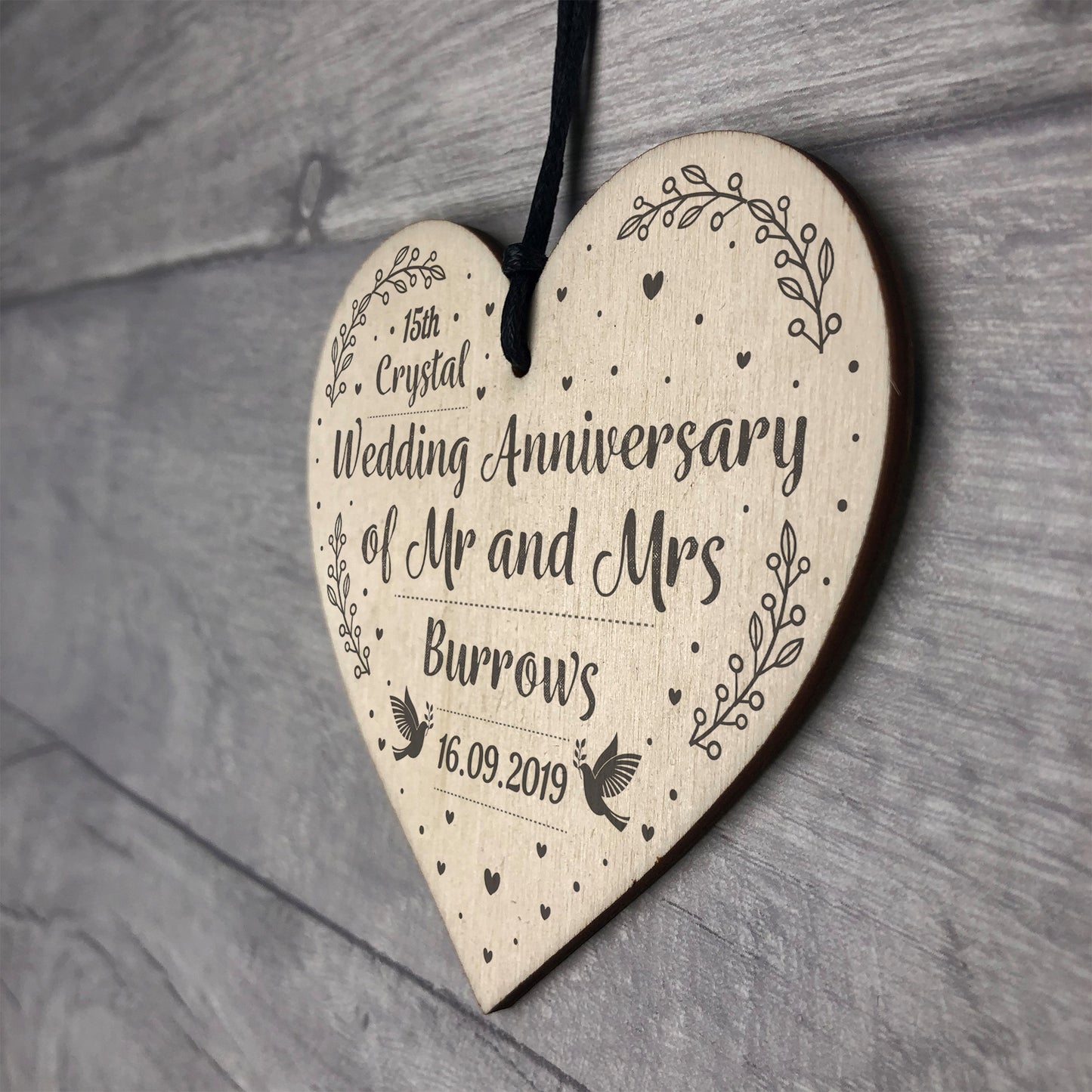 15th Crystal Wedding Anniversary Gift Personalised Heart Mr& Mrs