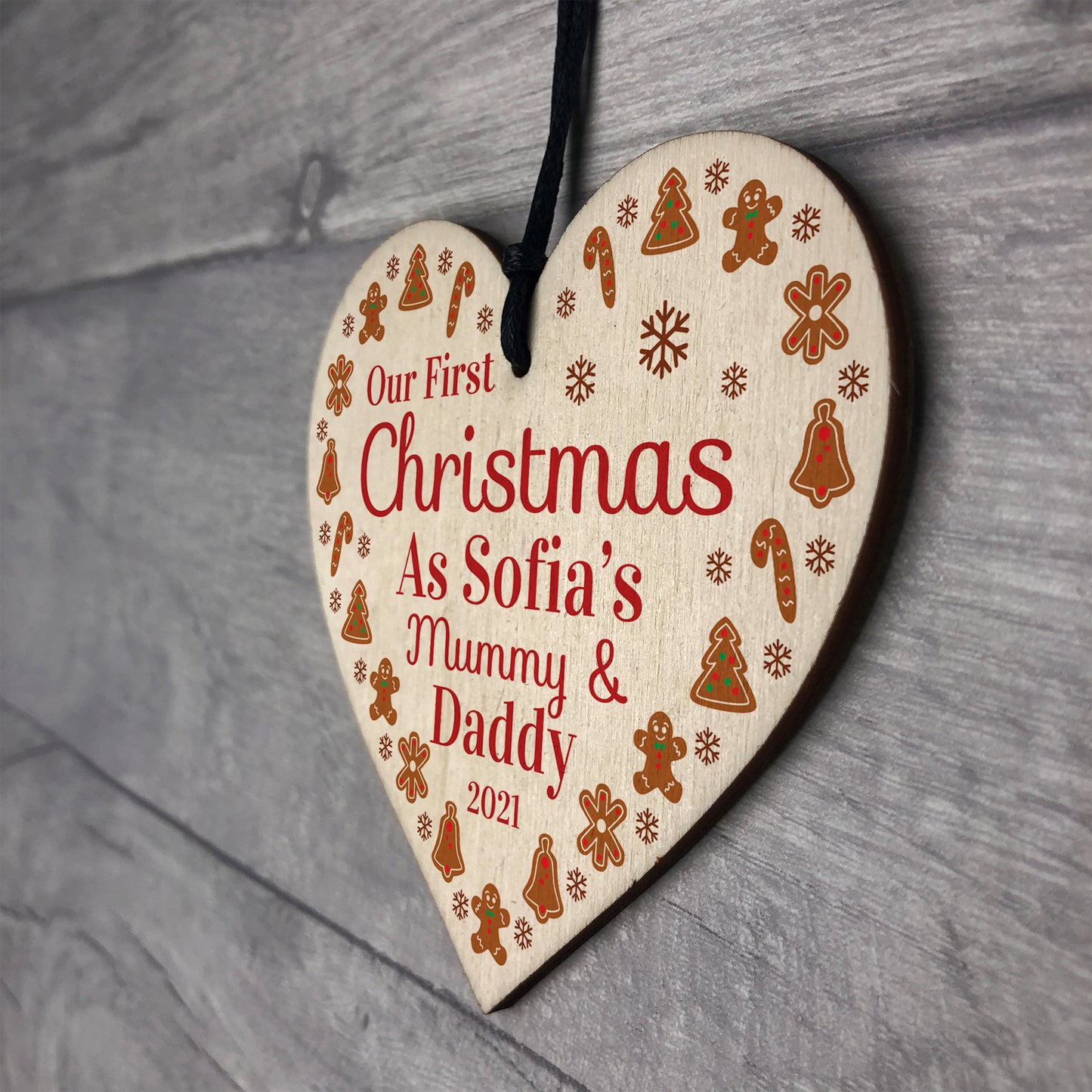 1st Christmas As Mummy And Daddy Baby Wooden Heart Personalised