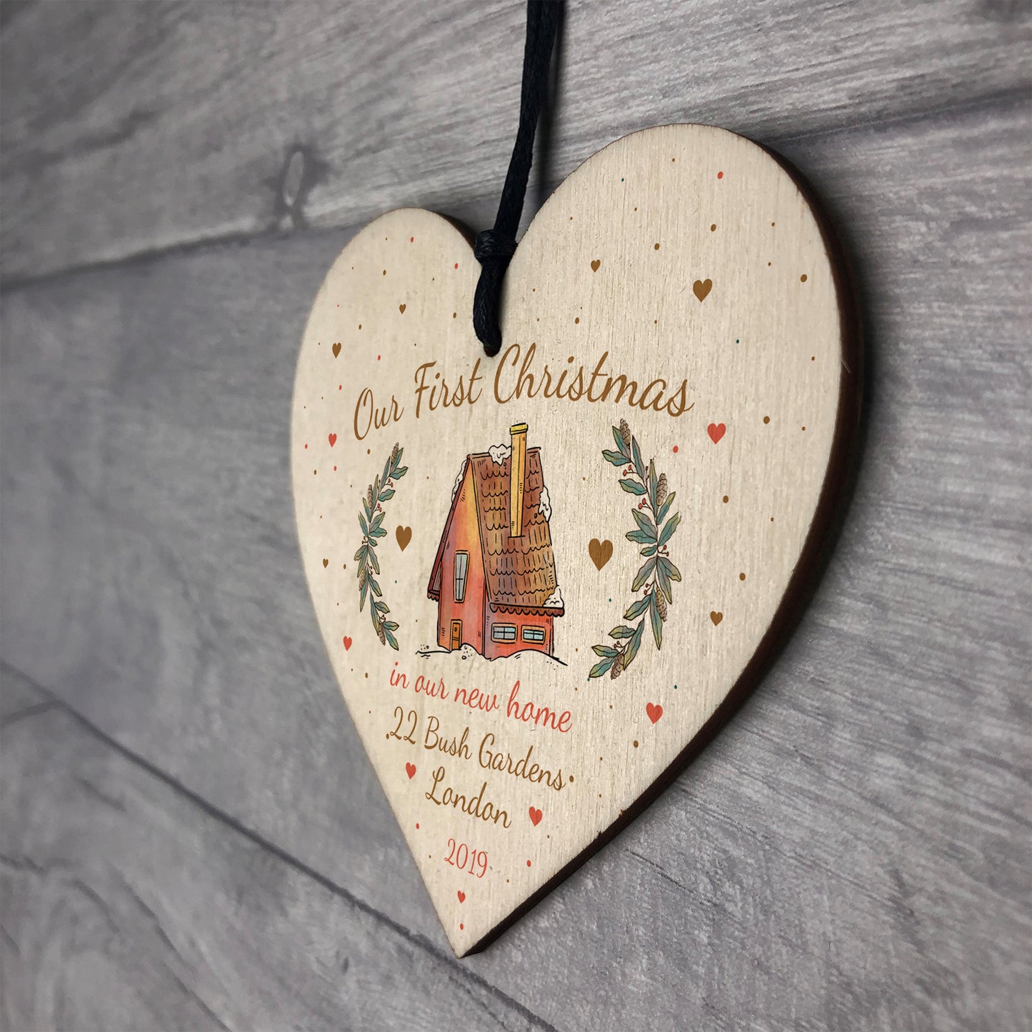 Personalised First 1st Christmas In Our New Home Wood Heart