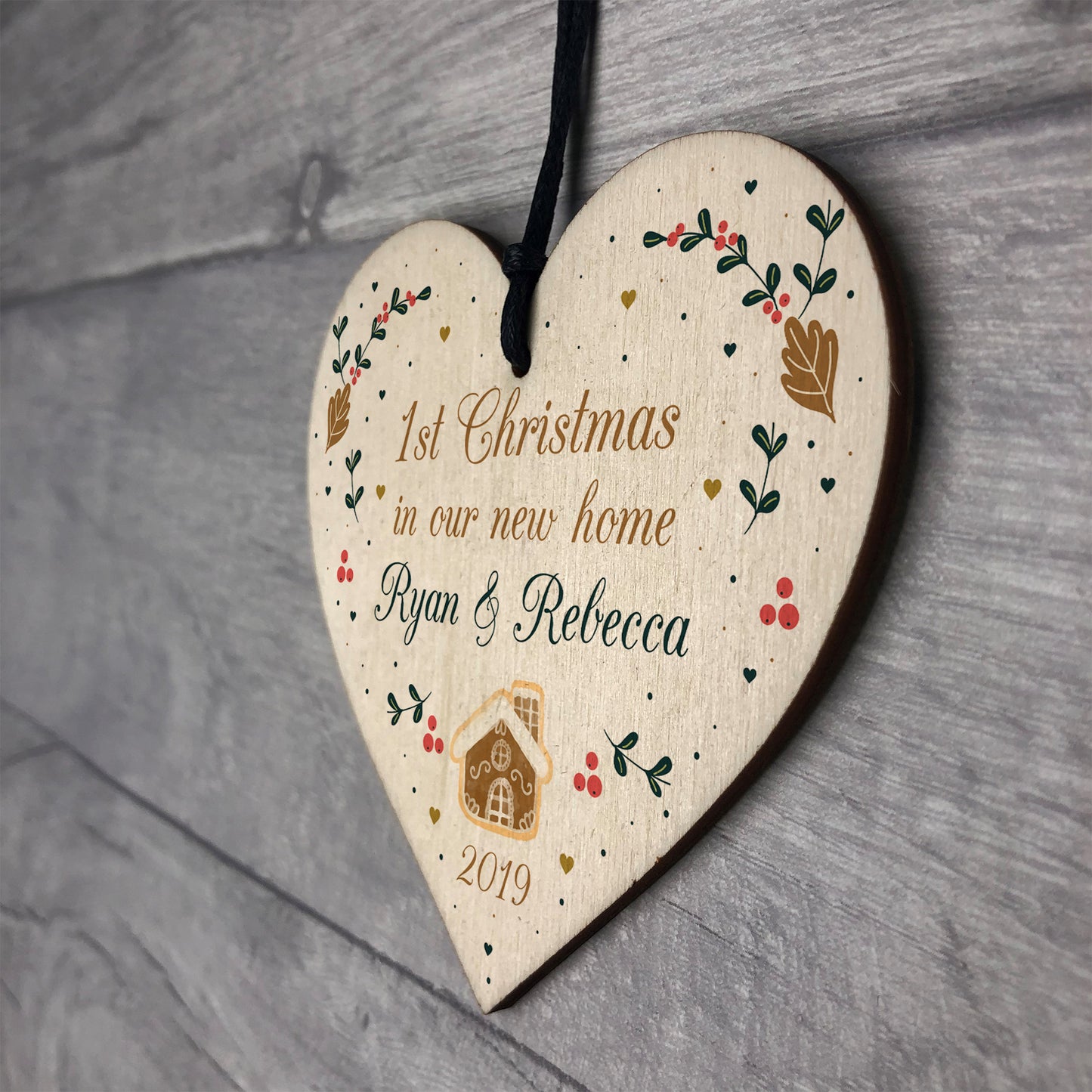 1st Christmas In Our New Home Personalised Wood Heart Tree Decor