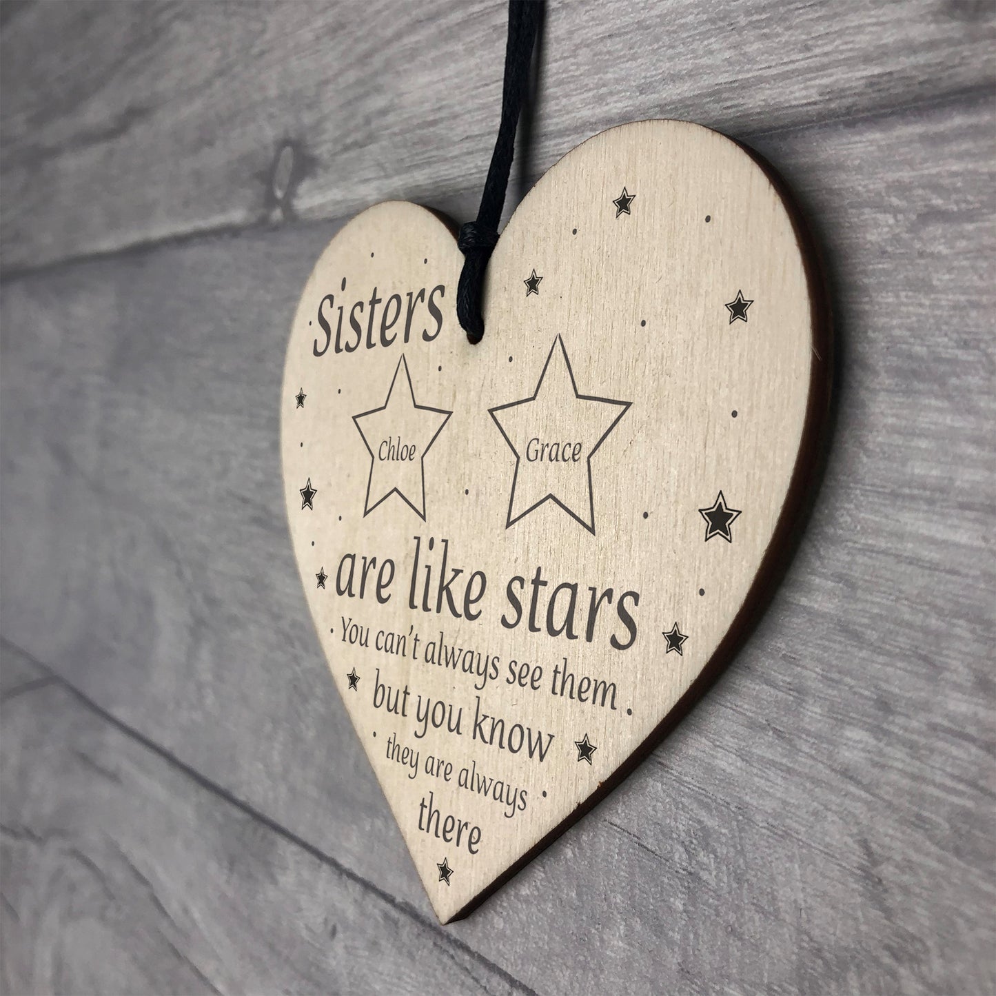Sisters Are Like Stars Wooden Heart Thank You Gift For Birthday