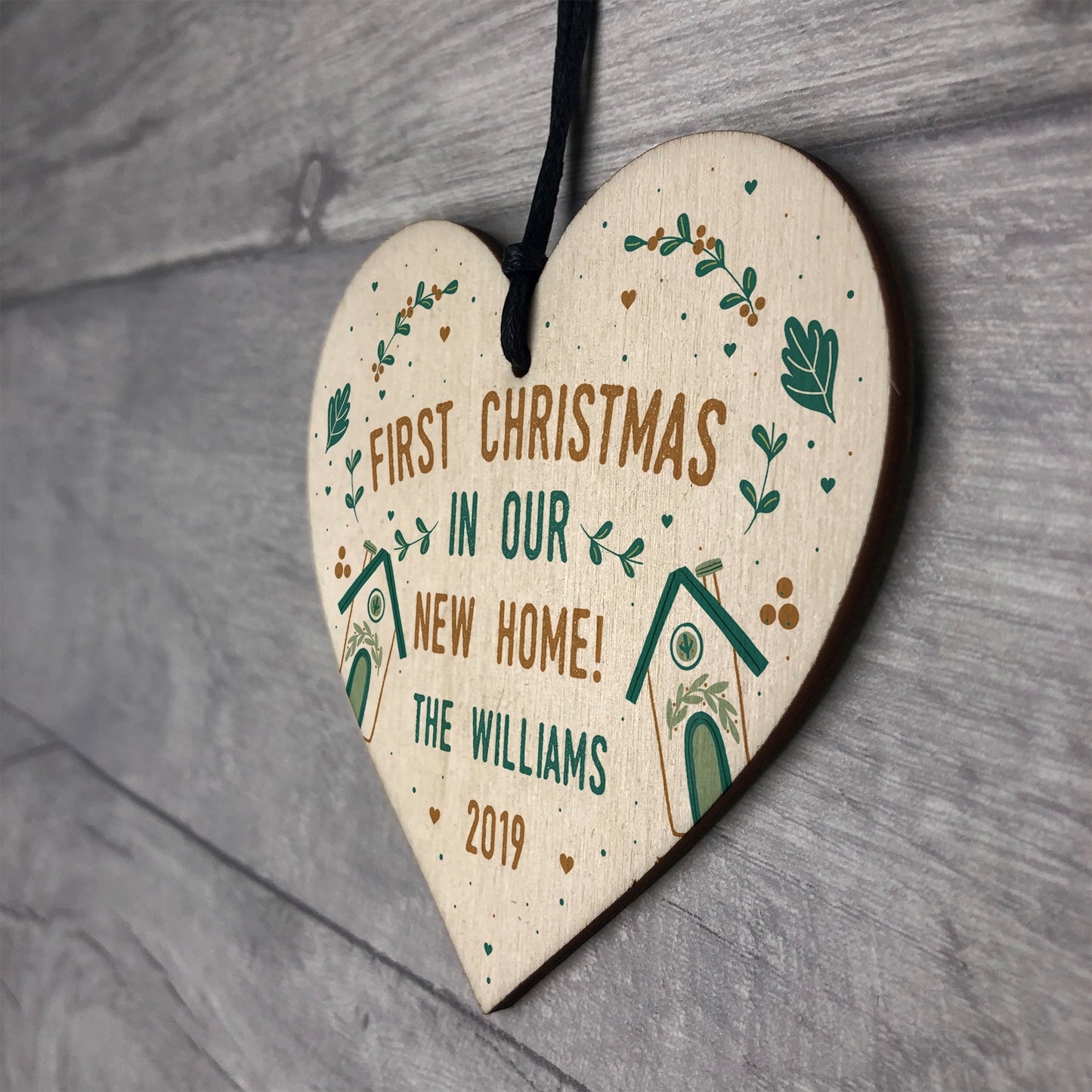 Personalised Family Name 1st Christmas In New Home Wood Heart