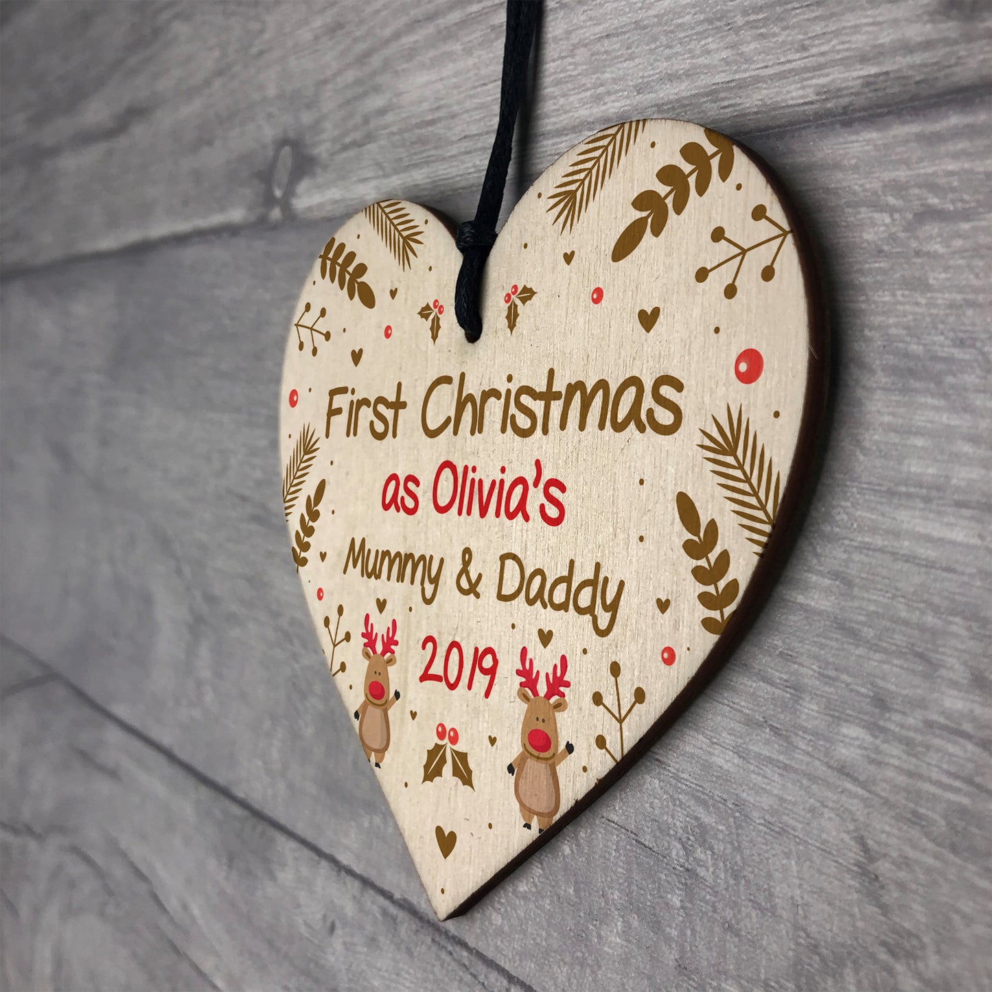 First Christmas As Mummy And Daddy Personalised Wooden Heart