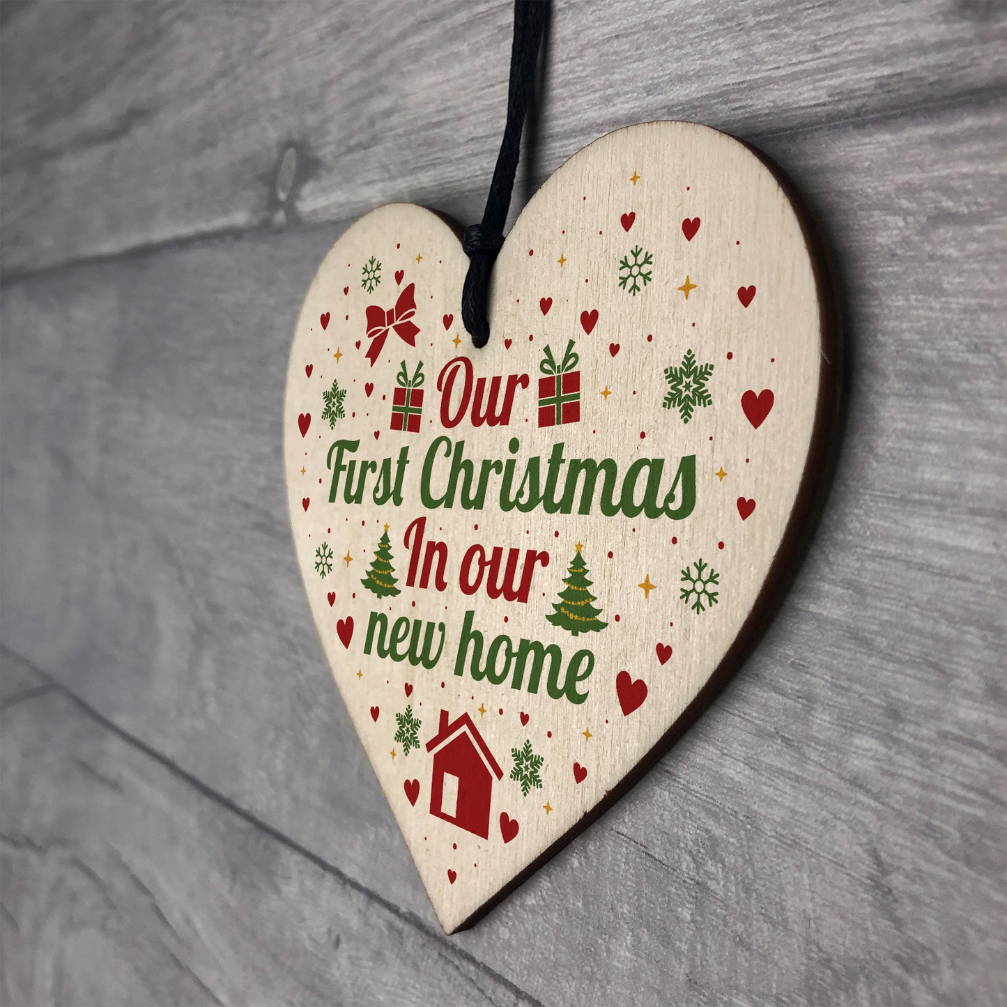 First Christmas New Home Wood Heart Tree Decoration Bauble Gift