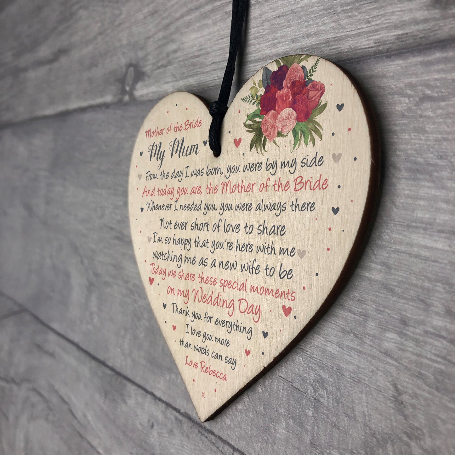 Mother of the Bride Personalised Wood Heart Wedding Gift Poem