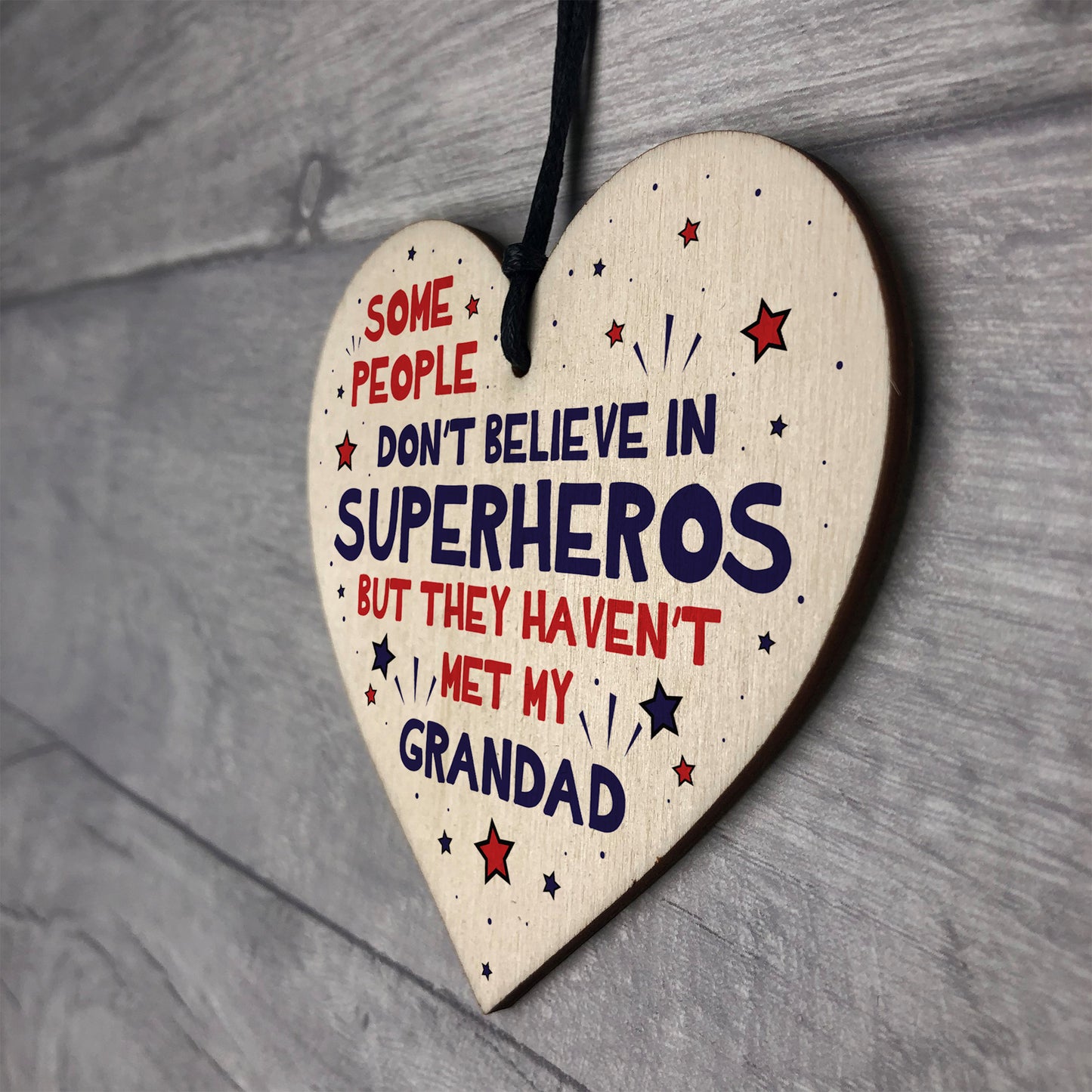 Grandad Birthday Christmas Gift Superhero Theme Wooden Heart
