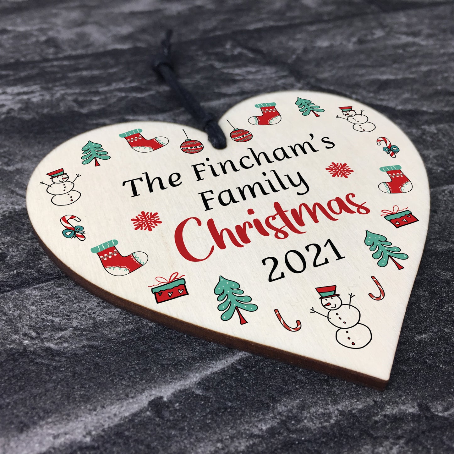 Personalised Family Christmas Tree Decoration SURNAME Wood Heart