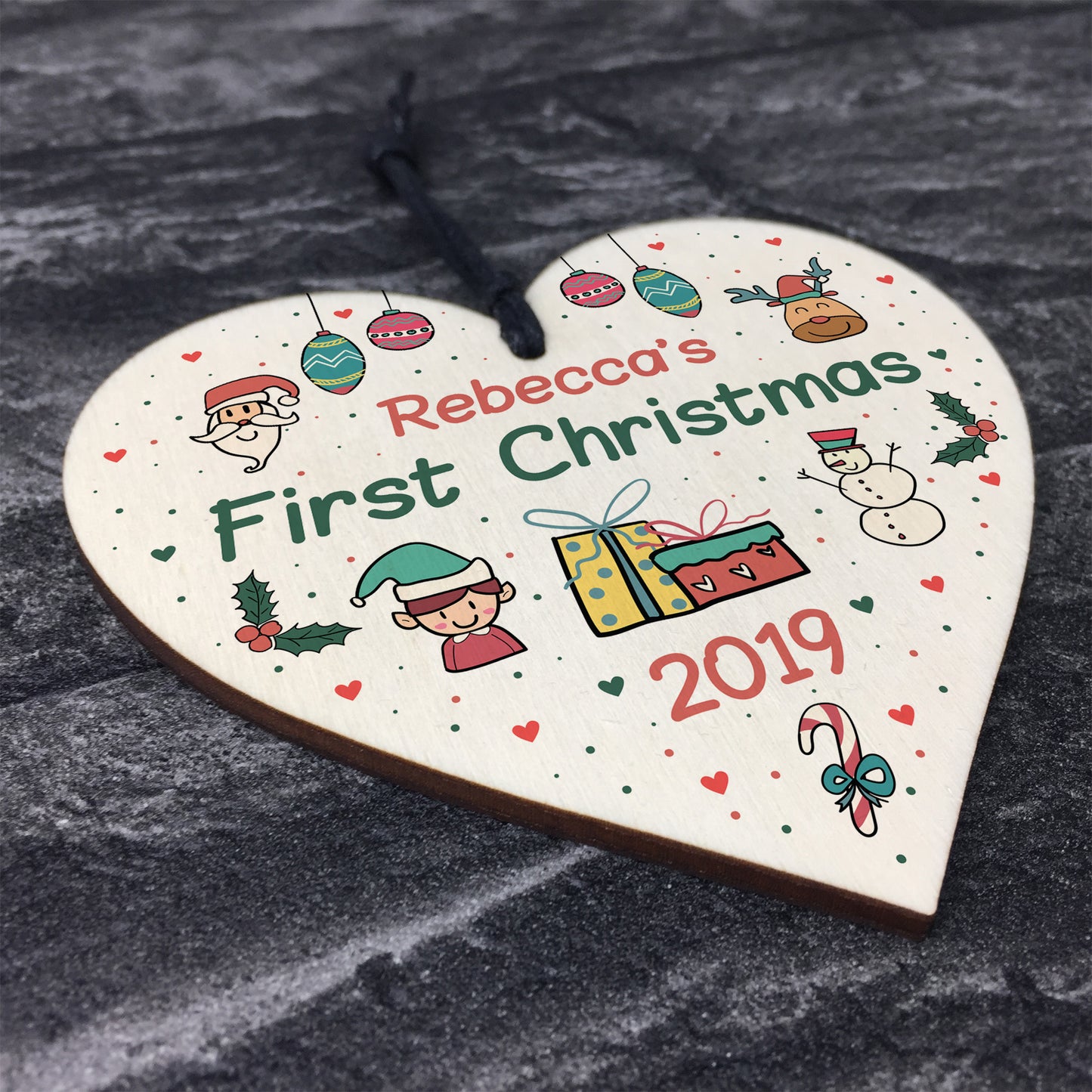 Personalised Baby's First 1st Christmas Bauble Wood Heart Gift