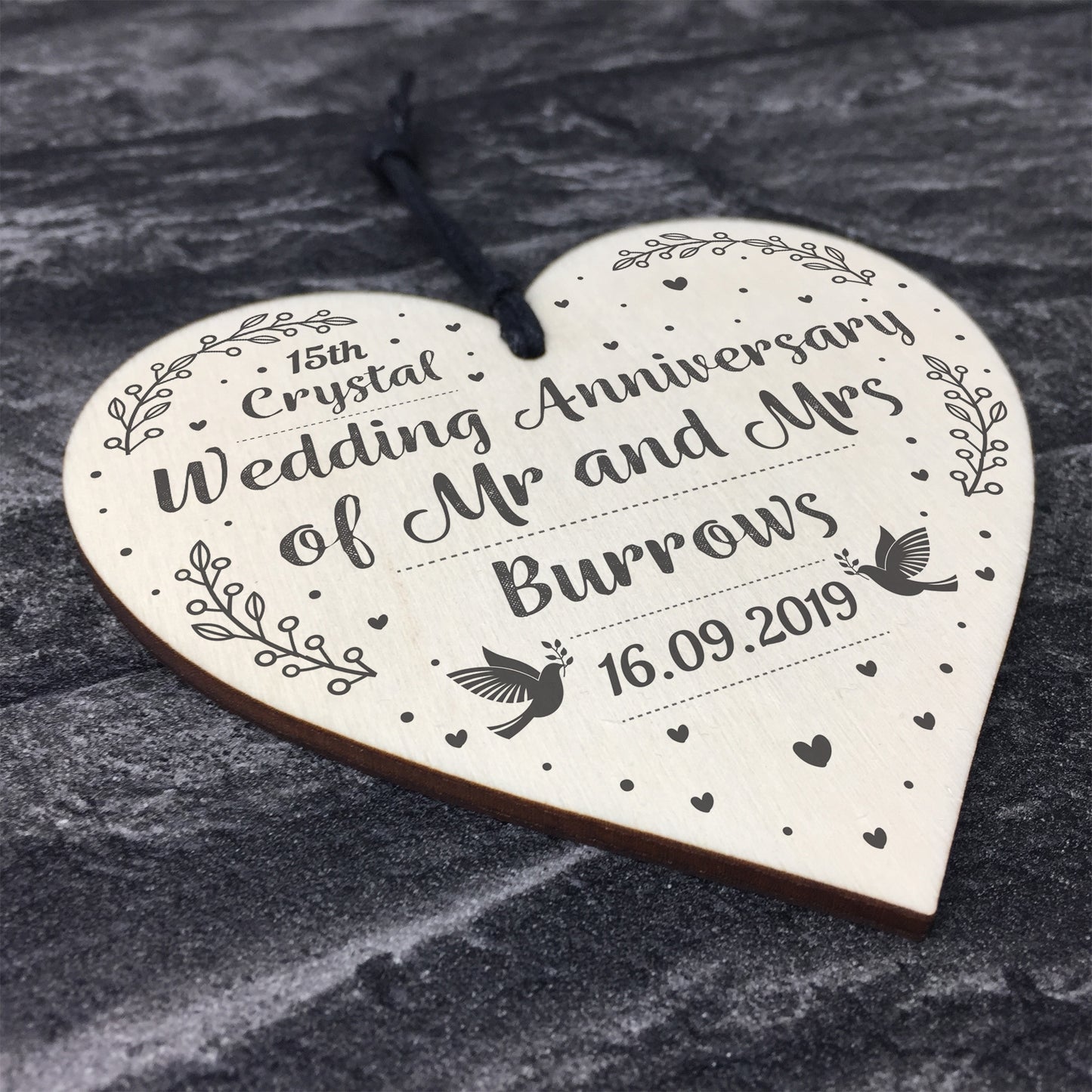 15th Crystal Wedding Anniversary Gift Personalised Heart Mr& Mrs