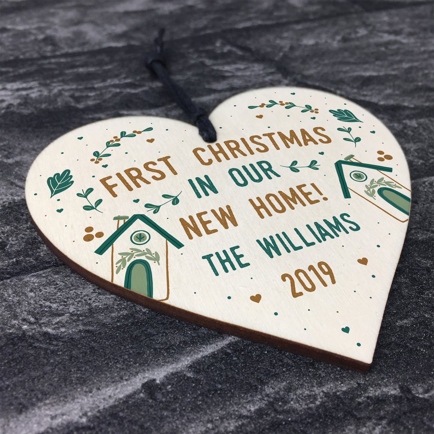 Personalised Family Name 1st Christmas In New Home Wood Heart