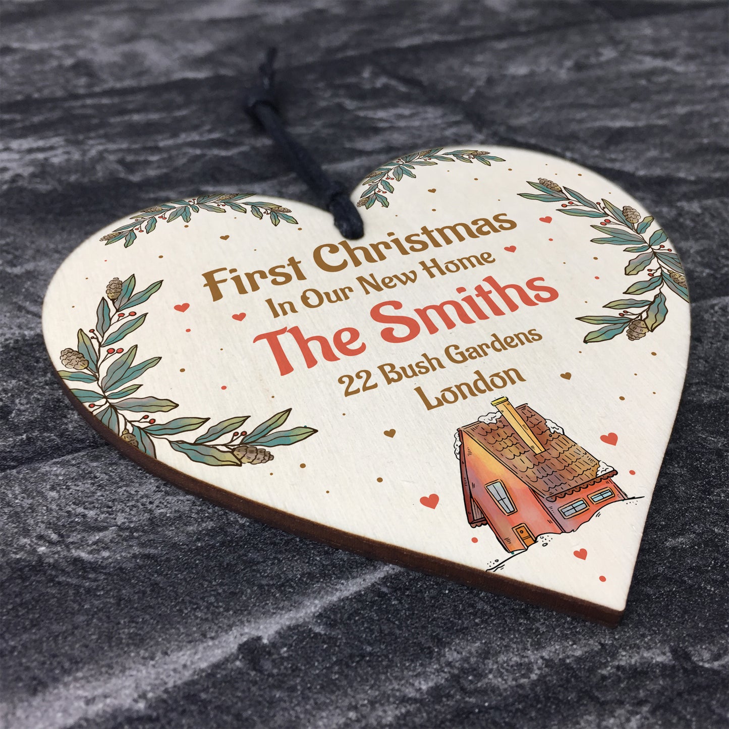 First Christmas New Home Personalised Tree Decoration Wood Heart