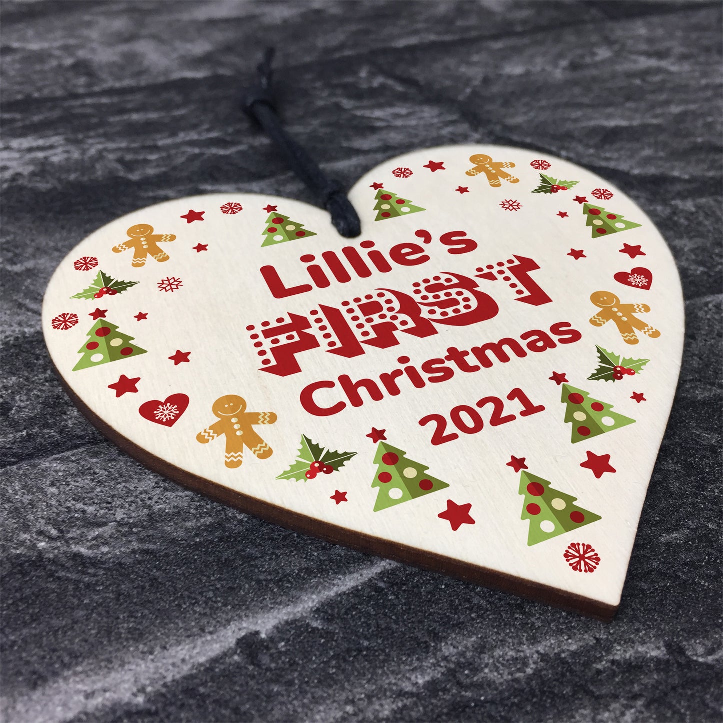 Cute Personalised Baby's First 1st Christmas Bauble Wood Heart