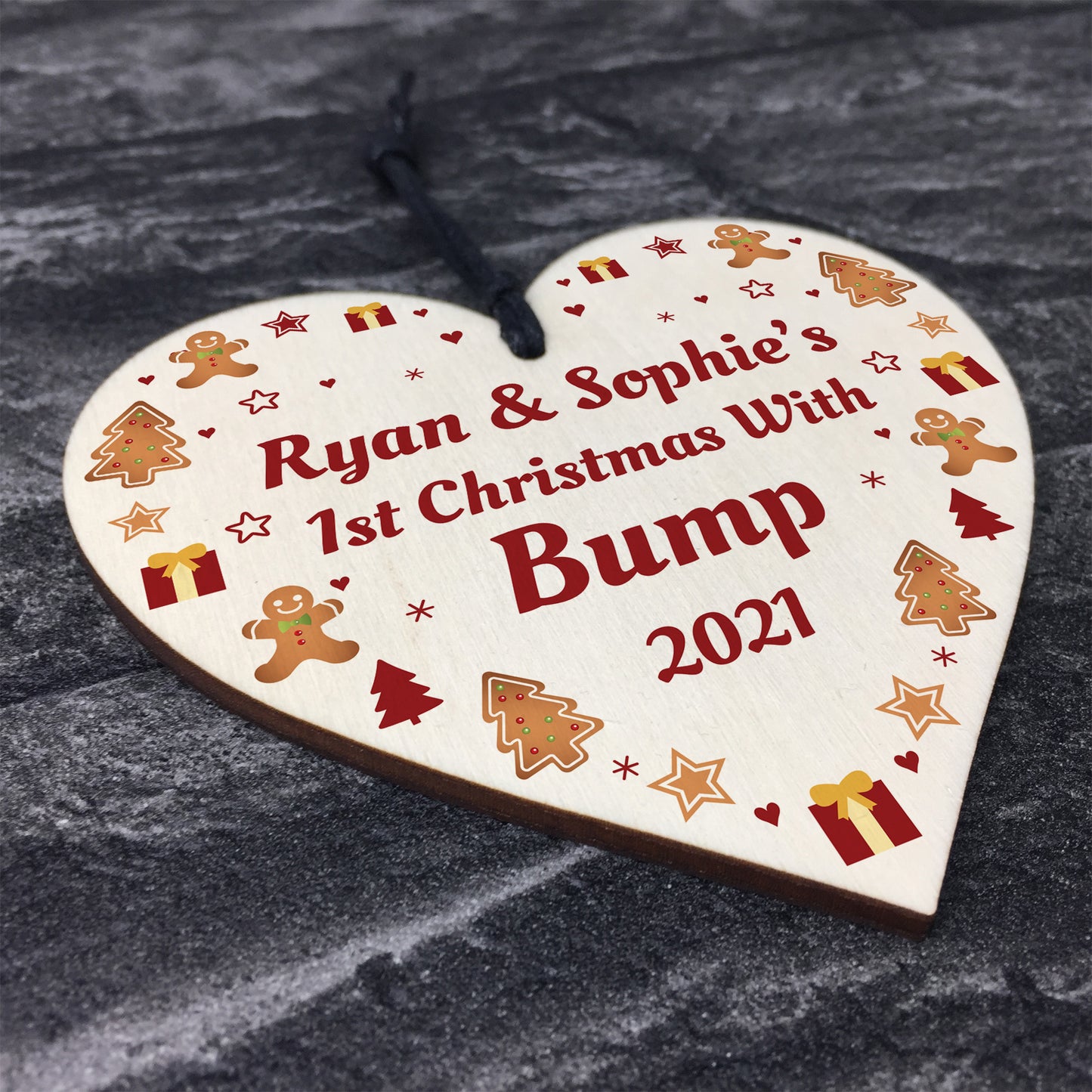 Bumps 1st Christmas Personalised Mum Dad Gift Wood Heart