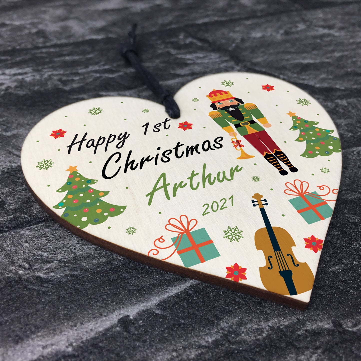 Happy 1st Christmas Any Name Son Gift Wood Hanging Heart