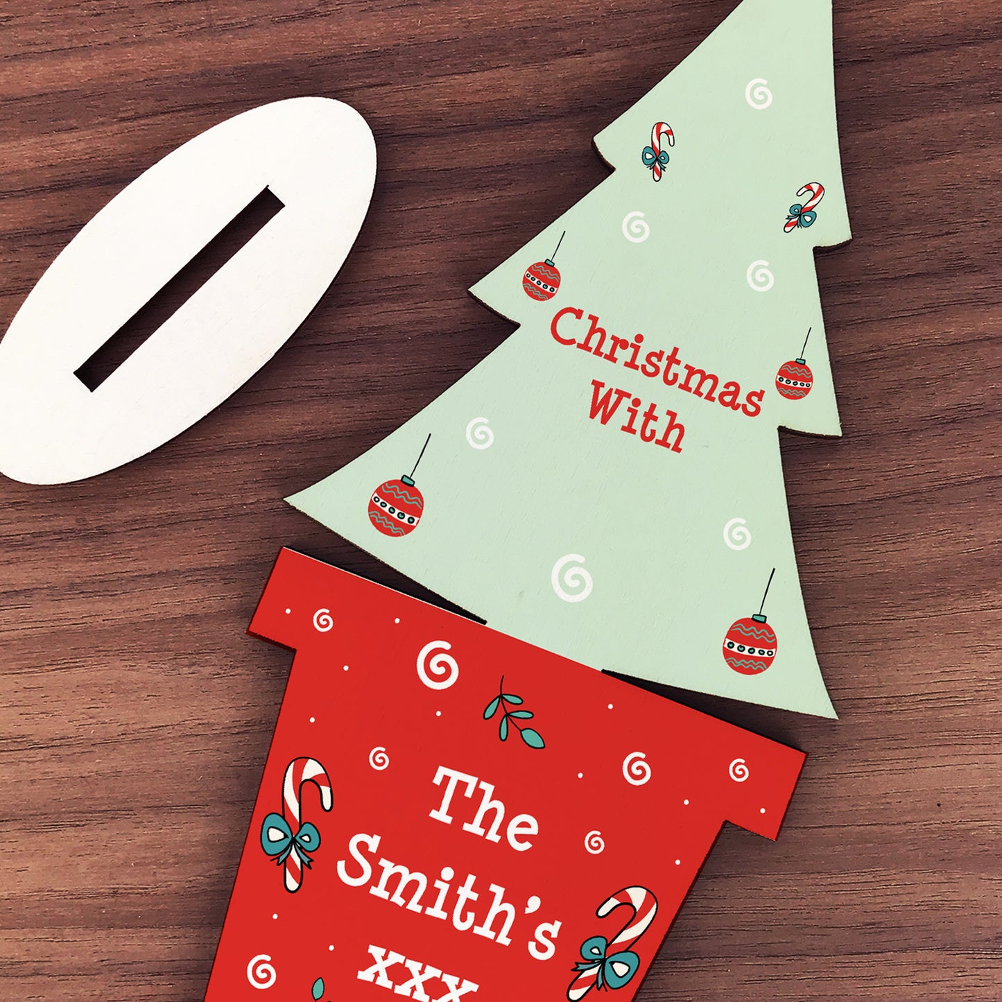Christmas With The Any Surname Personalised Wood Standing Tree