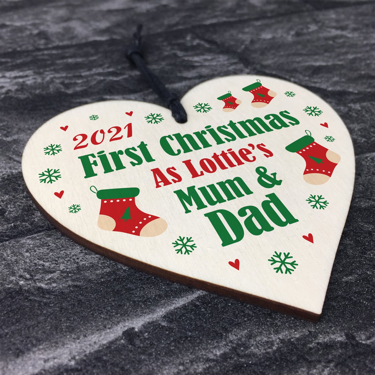 Mum Dad First Christmas Bauble Personalised Wooden Heart