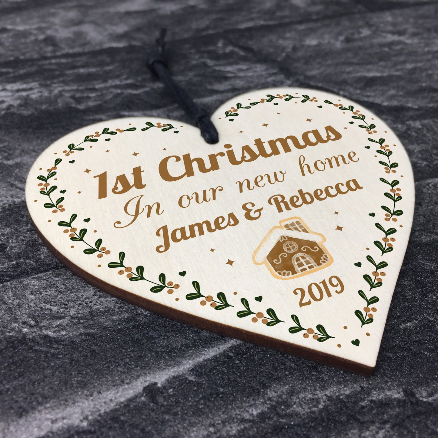 PERSONALISED First 1st New Home Tree Decoration Wood Heart